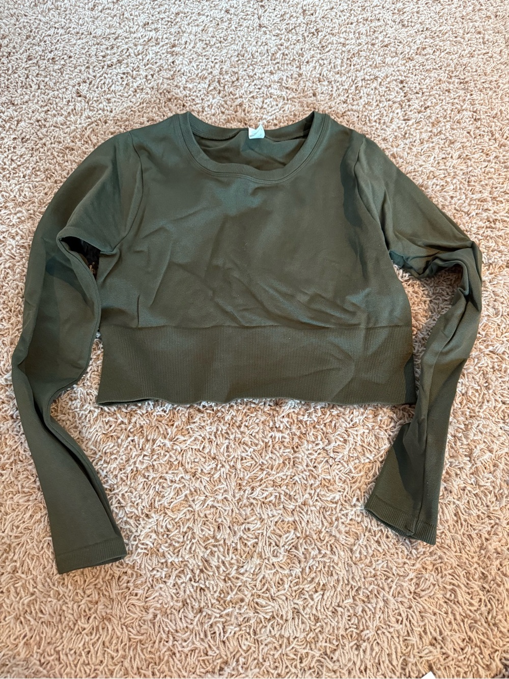 Women's Olive Green Ribbed Cropped Long Sleeve Top